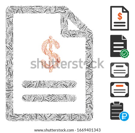 Hatch Mosaic based on invoice icon. Mosaic vector invoice is designed with randomized hatch dots. Bonus icons are added.