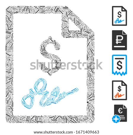 Hatch Mosaic based on invoice page icon. Mosaic vector invoice page is formed with scattered hatch elements. Bonus icons are added.
