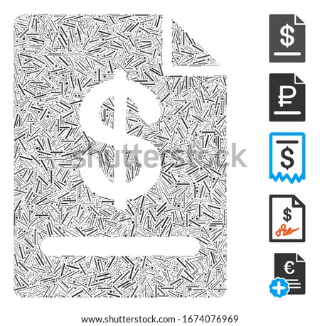 Hatch Mosaic based on invoice icon. Mosaic vector invoice is created with scattered hatch dots. Bonus icons are added.