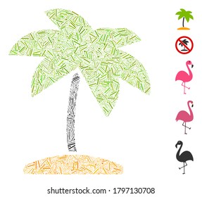 Hatch Mosaic based on island tropic palm icon. Mosaic vector island tropic palm is composed with random line dots. Bonus icons are added.
