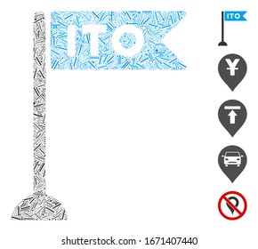 Hatch Mosaic based on ITO flag marker icon. Mosaic vector ITO flag marker is created with random hatch spots. Bonus icons are added.