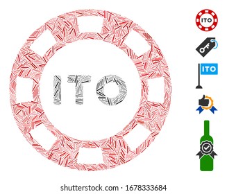 Hatch Mosaic based on ITO token icon. Mosaic vector ITO token is formed with random hatch items. Bonus icons are added.