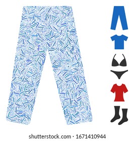 Hatch Mosaic basiert auf Jeans Icon. Mosaike Jeans der Vektorillustration sind mit zufälligen Lukenelementen konzipiert. Bonussymbole werden hinzugefügt.