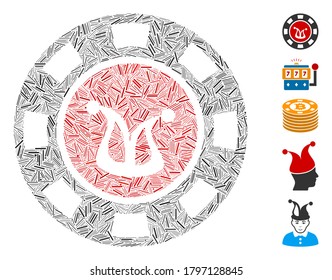 Hatch Mosaic based on joker casino chip icon. Mosaic vector joker casino chip is created with random hatch elements. Bonus icons are added.