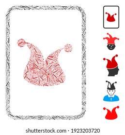 Hatch Mosaic based on joker gambling card icon. Mosaic vector joker gambling card is composed with scattered hatch elements. Bonus icons are added.