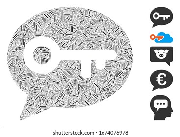 Hatch Mosaic based on key message icon. Mosaic vector key message is created with scattered line dots. Bonus icons are added.