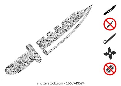 Mosaico de escote basado en el icono de cuchillo. El cuchillo vectorial mosaico se crea con elementos de rayas aleatorias. Se agregan iconos de bonificación.