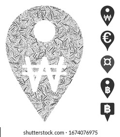 Mosaico Hatch basado en el icono del marcador de mapa de won coreano. El marcador de mapa de vector mosaico Korean Won está compuesto por puntos de rayas aleatorias. Se agregan iconos de bonificación.