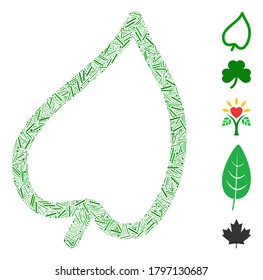 Hatch Mosaic based on leaf icon. Mosaic vector leaf is formed with scattered hatch spots. Bonus icons are added.