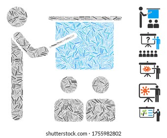 Hatch Mosaic based on lecture icon. Mosaic vector lecture is composed with randomized hatch elements. Bonus icons are added.