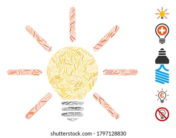 Hatch Mosaic based on light bulb icon. Mosaic vector light bulb is designed with random hatch elements. Bonus icons are added.