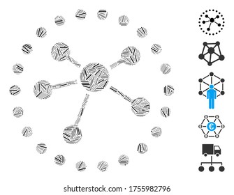 Hatch Mosaic based on links diagram icon. Mosaic vector links diagram is formed with scattered hatch dots. Bonus icons are added.
