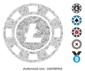 Hatch Mosaic based on Litecoin casino chip icon. Mosaic vector Litecoin casino chip is composed with random hatch items. Bonus icons are added.