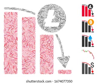 Hatch Mosaic based on Litecoin epic fail graph icon. Mosaic vector Litecoin epic fail graph is composed with random hatch elements. Bonus icons are added.