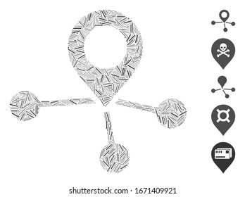 Hatch Mosaic based on locations icon. Mosaic vector locations is formed with randomized hatch dots. Bonus icons are added.