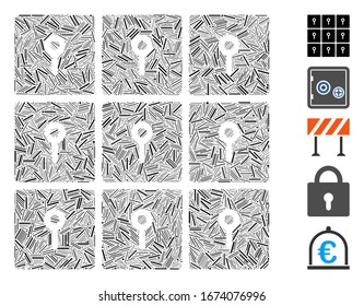 Hatch Mosaik auf der Grundlage von Schließfächern Symbol. Die Schließfächer für die Vektorillustration der Mosaike bestehen aus zufälligen Lukenelementen. Bonussymbole werden hinzugefügt.