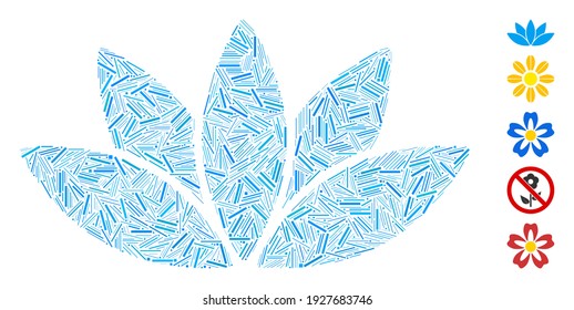 Mosaico de escotilla basado en el icono de la flor de loto. La flor de loto vector mosaico se crea con manchas de escotilla dispersas. Se agregan iconos de bonificación.