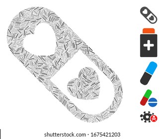 Hatch Mosaic based on love pill icon. Mosaic vector love pill is created with scattered hatch items. Bonus icons are added.