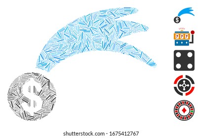 Hatch Mosaic based on lucky falling dollar icon. Mosaic vector lucky falling dollar is created with scattered hatch items. Bonus icons are added.