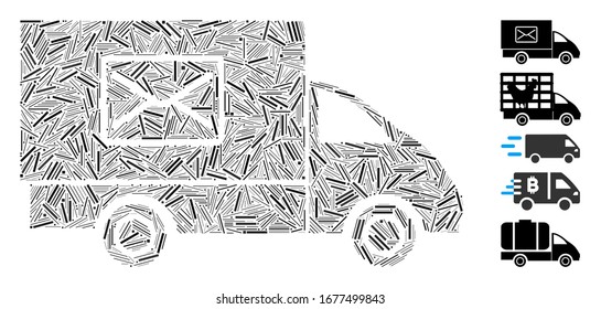 Hatch Mosaic based on mail delivery car icon. Mosaic vector mail delivery car is composed with randomized hatch spots. Bonus icons are added.