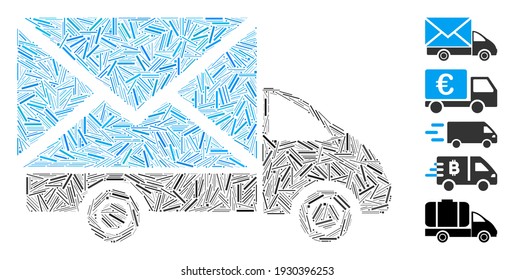 Hatch Mosaic based on mail delivery car icon. Mosaic vector mail delivery car is composed with random hatch items. Bonus icons are added.