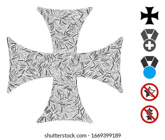 Hatch Mosaic based on Maltese cross icon. Mosaic vector Maltese cross is designed with randomized hatch elements. Bonus icons are added.