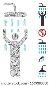 Hatch Mosaic based on man under shower icon. Mosaic vector man under shower is created with scattered hatch elements. Bonus icons are added.