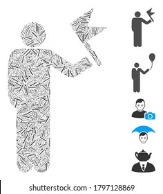 Hatch Mosaic based on man with flag icon. Mosaic vector man with flag is created with random hatch elements. Bonus icons are added.