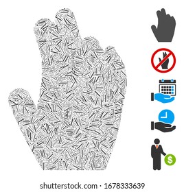 Hatch Mosaic based on manage hand icon. Mosaic vector manage hand is composed with scattered hatch elements. Bonus icons are added.