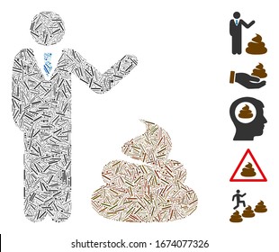 Hatch Mosaic based on manager show shit icon. Mosaic vector manager show shit is created with randomized hatch elements. Bonus icons are added.