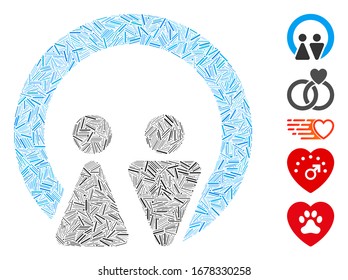 Hatch Mosaic based on marriage icon. Mosaic vector marriage is formed with scattered hatch dots. Bonus icons are added.