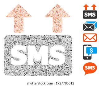 Hatch Mosaic based on mass SMS sending icon. Mosaic vector mass SMS sending is formed with scattered hatch items. Bonus icons are added.