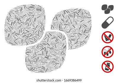 Hatch Mosaic based on medical tablets icon. Mosaic vector medical tablets is composed with randomized hatch spots. Bonus icons are added.