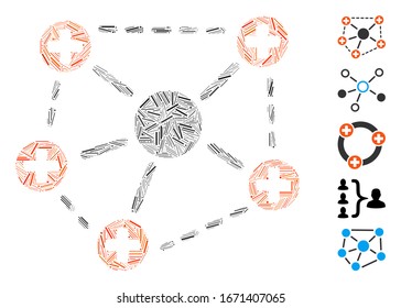 Mosaico del escote basado en el icono de la estructura de la red médica. La estructura de la red médica de vectores mosaicos está compuesta por puntos de escotilla dispersos. Se agregan iconos de bonificación.