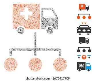 Hatch Mosaic based on medical delivery links icon. Mosaic vector medical delivery links is created with scattered hatch spots. Bonus icons are added.