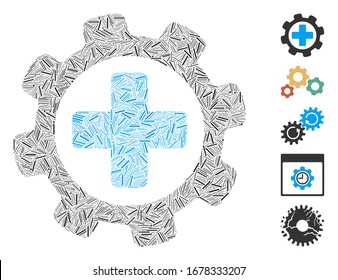 Hatch Mosaic based on medical settings icon. Mosaic vector medical settings is composed with randomized hatch spots. Bonus icons are added.
