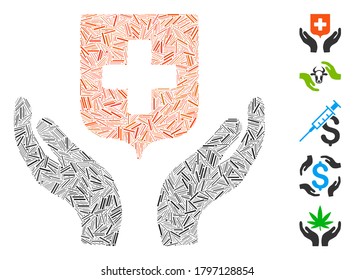Hatch Mosaic based on medical shield care hands icon. Mosaic vector medical shield care hands is formed with randomized hatch dots. Bonus icons are added.