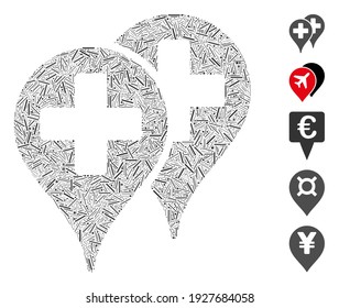 Hatch Mosaic basiert auf der medizinischen Karte Marker Symbol. Mosaike Vektorgrafik-Marker sind mit verstreuten Schlupfgegenständen konstruiert. Bonussymbole werden hinzugefügt.