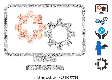 Hatch Mosaic based on medical process gears monitoring icon. Mosaic vector medical process gears monitoring is created with scattered line elements. Bonus icons are added.