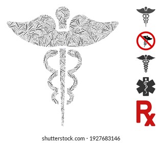 Hatch Mosaic based on medicine caduceus symbol icon. Mosaic vector medicine caduceus symbol is composed with random hatch elements. Bonus icons are added.