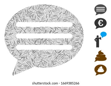 Hatch Mosaic based on message cloud icon. Mosaic vector message cloud is formed with random hatch items. Bonus icons are added.