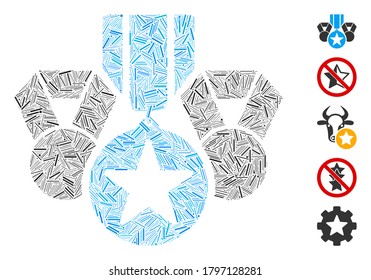 Hatch Mosaic based on military awards icon. Mosaic vector military awards is created with scattered dash items. Bonus icons are added.