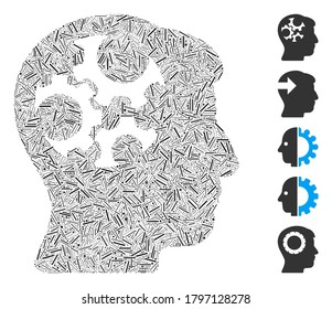 Hatch Mosaic based on mind gears icon. Mosaic vector mind gears is created with scattered hatch spots. Bonus icons are added.