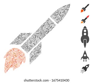 Hatch Mosaic based on missile flight icon. Mosaic vector missile flight is designed with randomized hatch dots. Bonus icons are added.