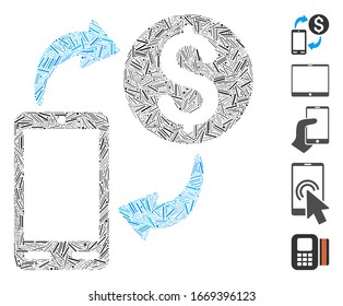 Mosaico Hatch basado en icono de banca móvil. La banca móvil vectorial mosaico está compuesta por elementos de tramas dispersas. Se agregan iconos de bonificación.