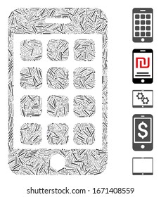 Hatch Mosaic basado en el icono de las aplicaciones móviles. Las aplicaciones móviles vectoriales de mosaico se componen de puntos de rayas dispersas. Se agregan iconos de bonificación.