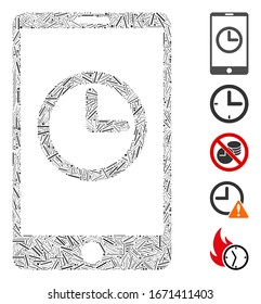 Hatch Mosaic based on mobile clock icon. Mosaic vector mobile clock is formed with random hatch elements. Bonus icons are added.