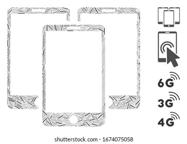 Hatch Mosaic based on mobile phones icon. Mosaic vector mobile phones is created with random hatch items. Bonus icons are added.