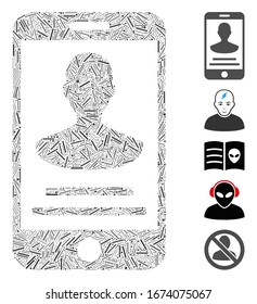 Hatch Mosaic based on mobile person details icon. Mosaic vector mobile person details is created with random hatch dots. Bonus icons are added.