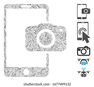 Hatch Mosaic based on mobile camera icon. Mosaic vector mobile camera is created with randomized hatch spots. Bonus icons are added.